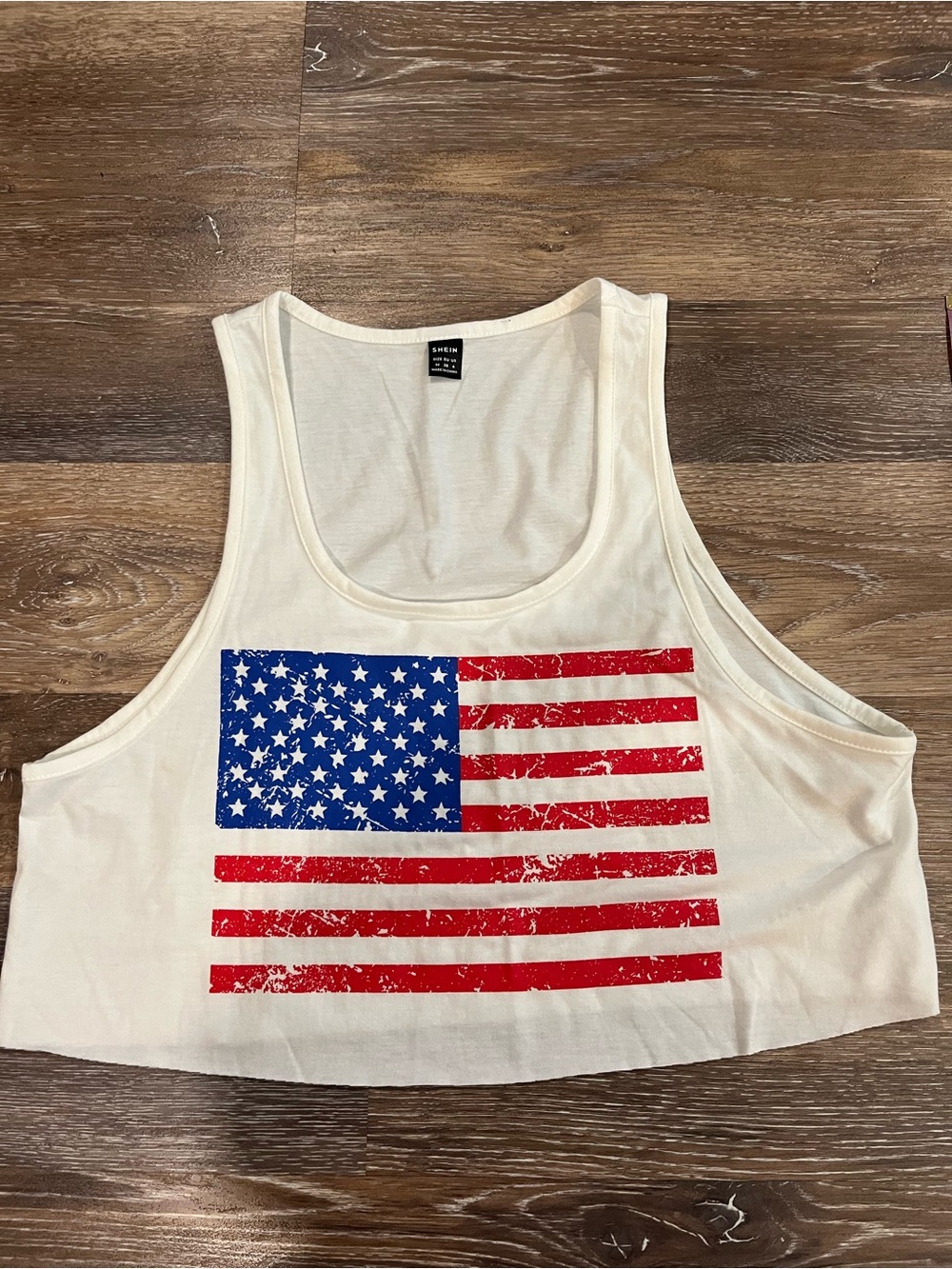 SHEIN White Crop Tank with Distressed American Flag